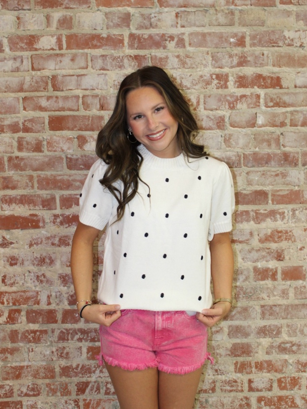 LA Society White Elegant Polka Dot Bubble Short Sleeve Sweater Top